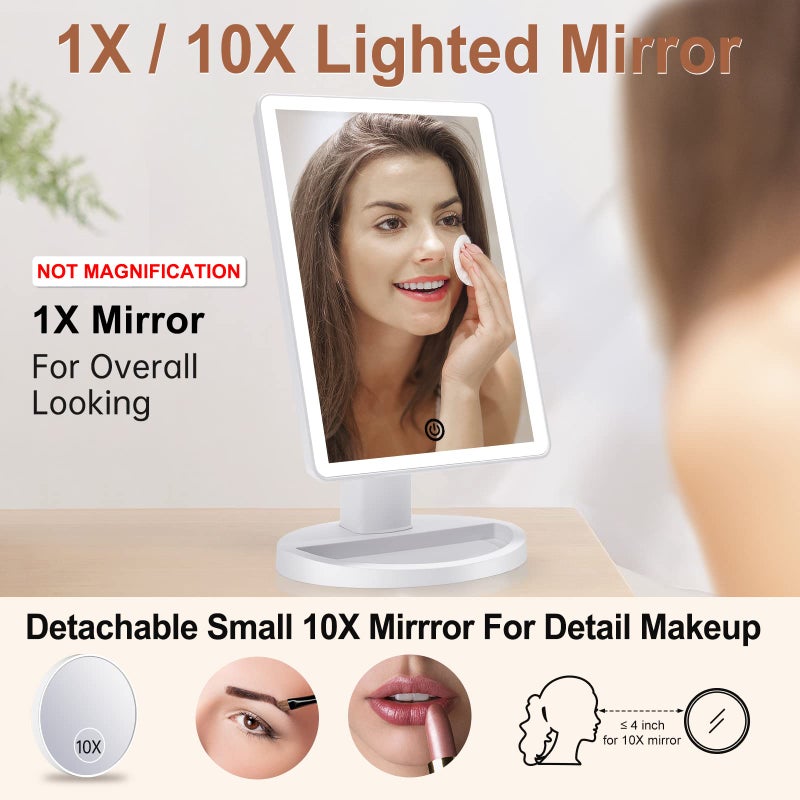 COSMIRROR مرآة تجميل COSMIRROR مع إضاءة بثلاثة ألوان، مرآة مكياج مضاءة مع 72 ضوء LED ومرآة مكبرة 10X، مصدر طاقة مزدوج، مرآة طاولة تجميل تدور 180 درجة - Image 4